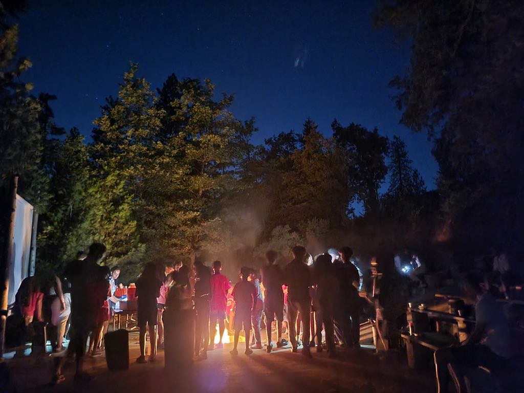 Silhouetted group gathered around a campfire under a starry night sky at camp